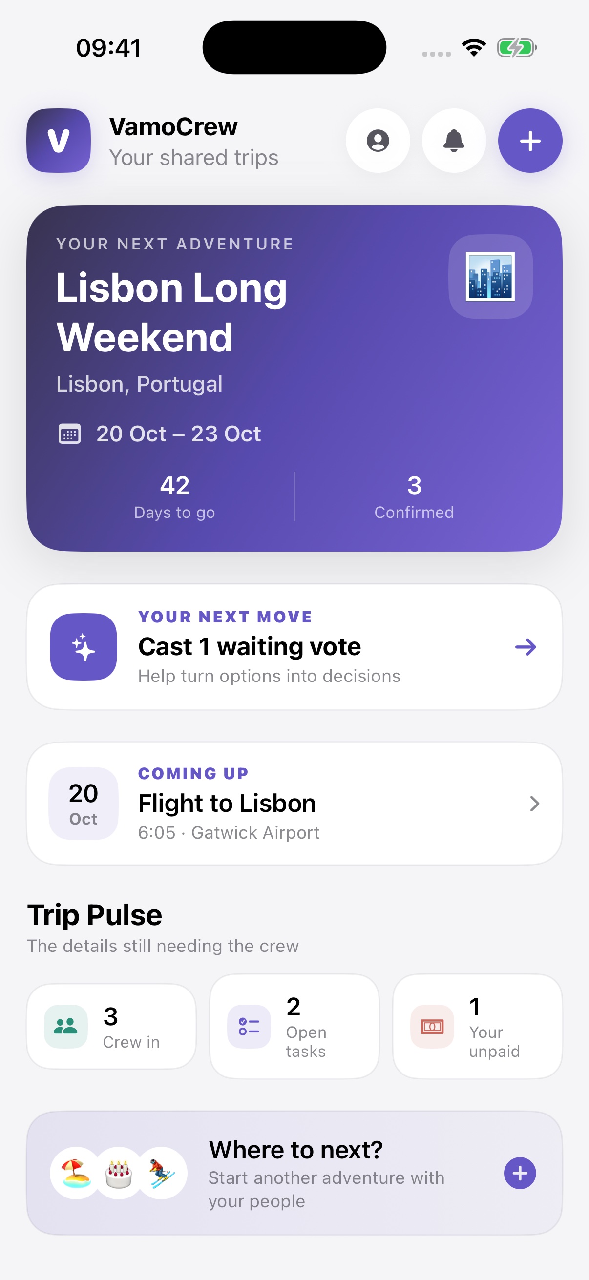 Actual VamoCrew iPhone home screen: Lisbon Long Weekend, crew commitments, upcoming flight and next action.